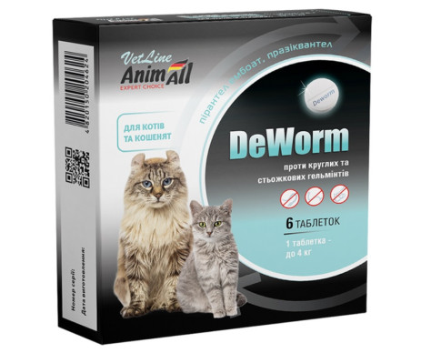 AnimAll VetLine De Worm таблетки от гельминтов для кошек и котят, 1 таб